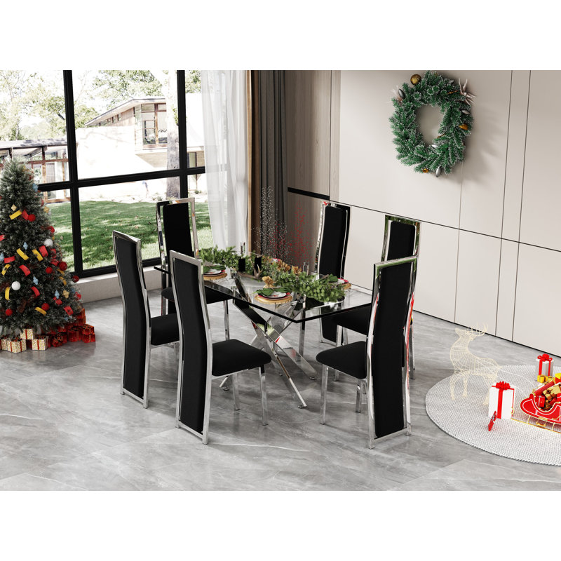 Ivy Bronx Maari Modern luxury 6 Seater Glass Top Pedestal Dining Table